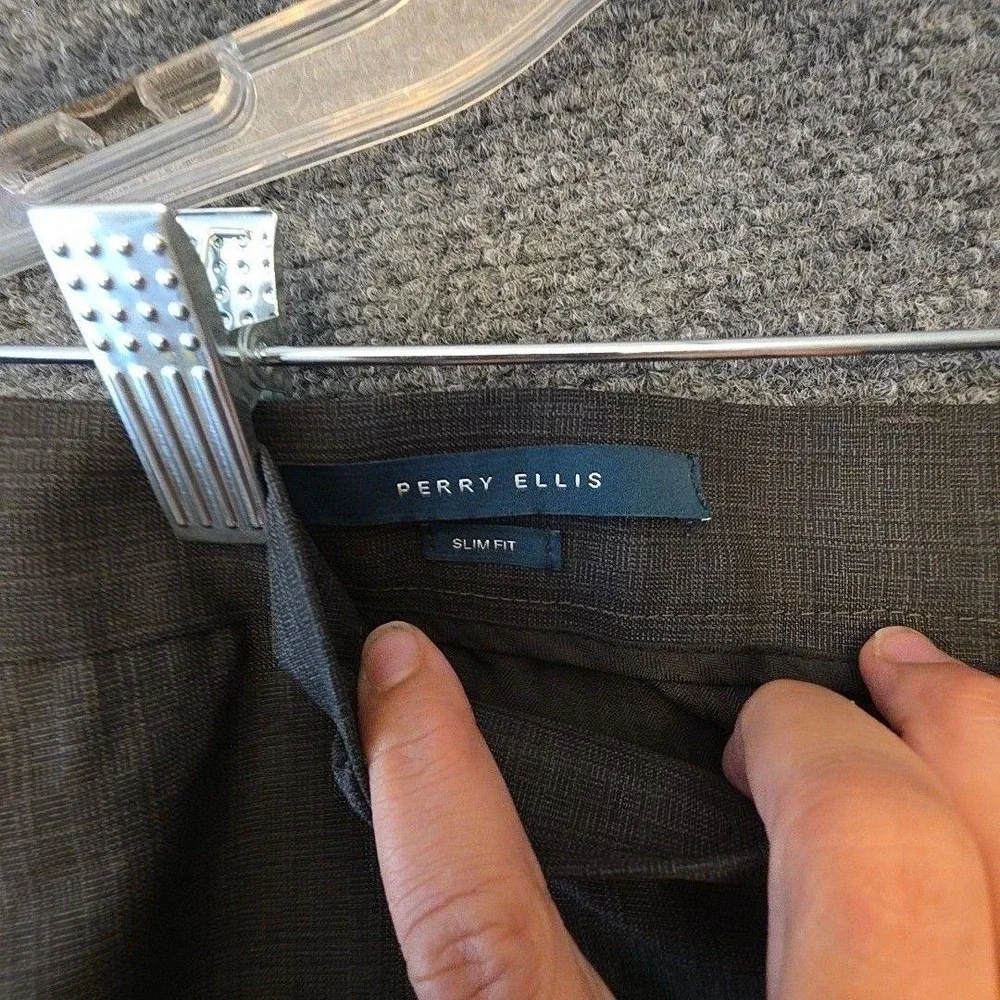 Saddlebred Perry Ellis Suit Mens 44R 36x32 Gray Check Slim Stretch 2 Piece Set